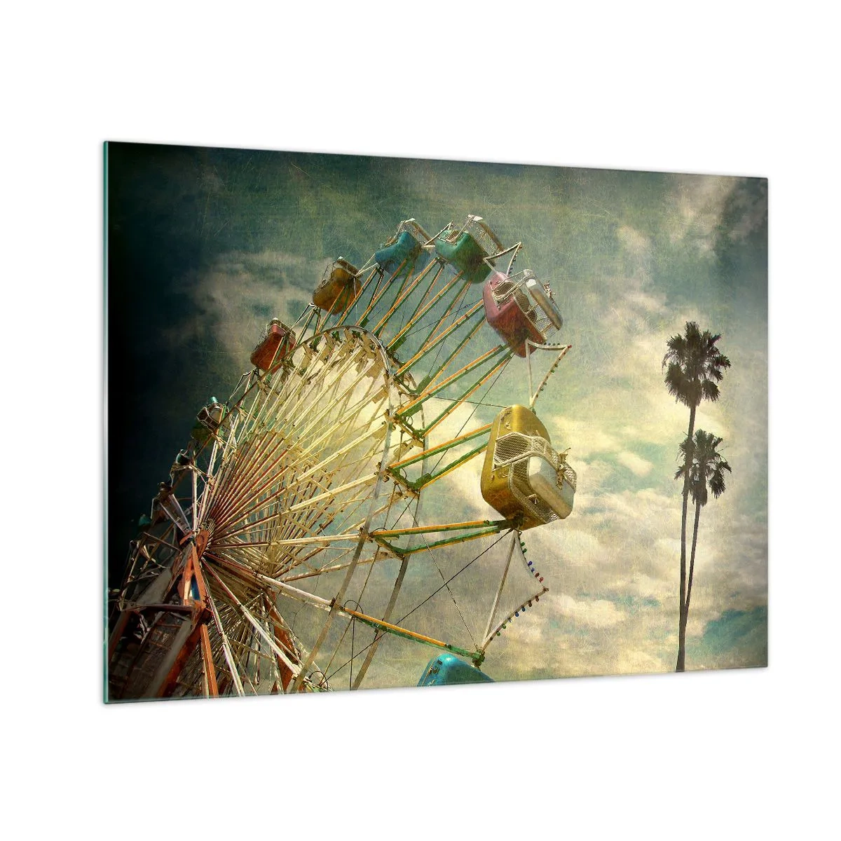 Billede på glas - Et pariserhjul mod himlen og palmer i retrostil - 70x50cm - Vil være, vil være sjov.... - Moderne vægdekoration til stue og soveværelse ARTTOR
