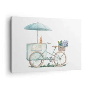 Lærredstryk - Billede på lærred - En cykel med is og blomster under en paraply i sarte pastelfarver - 70x50cm - Sødt minde om sommeren - Moderne vægdekoration til stue og soveværelse ARTTOR