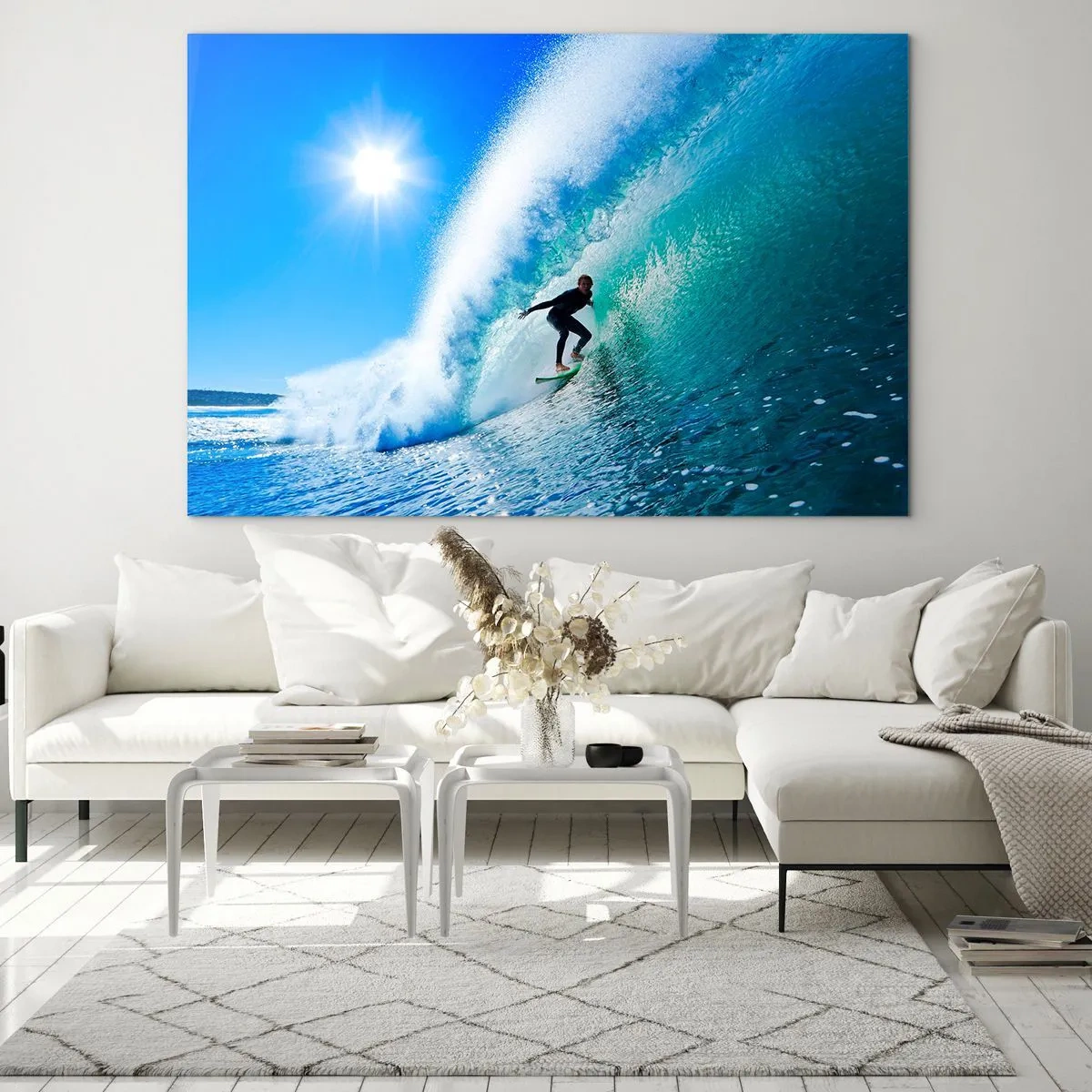 Billede på glas - Surfer på en bølge på en solskinsdag - 70x50cm - Gennem den store blå - Moderne vægdekoration til stue og soveværelse ARTTOR
