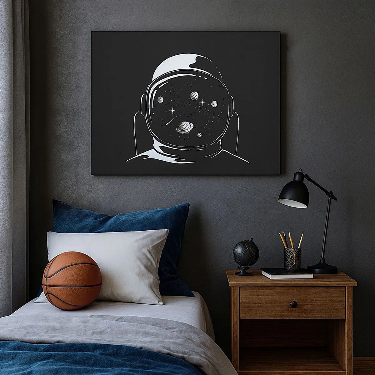 Lærredstryk - Billede på lærred - En minimalistisk astronauthjelm med udsigt over rummet - 70x50cm - Flot udsigt - Moderne vægdekoration til stue og soveværelse ARTTOR