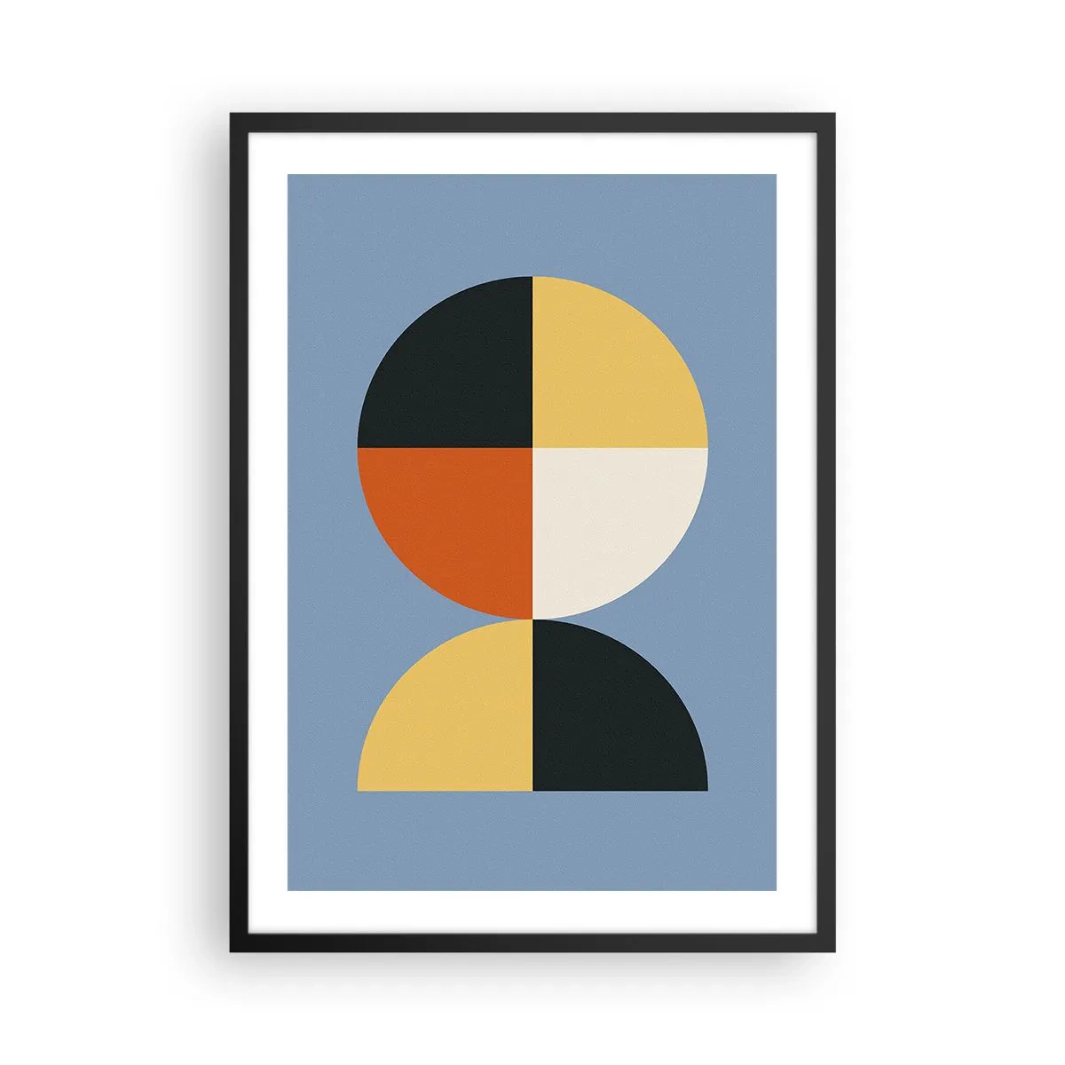 Plakat i sort ramme - Geometrisk motiv i form af en cirkel og en halvcirkel på en blå baggrund - 50x70cm - Se og tæl - Moderne vægdekoration til stue og soveværelse ARTTOR