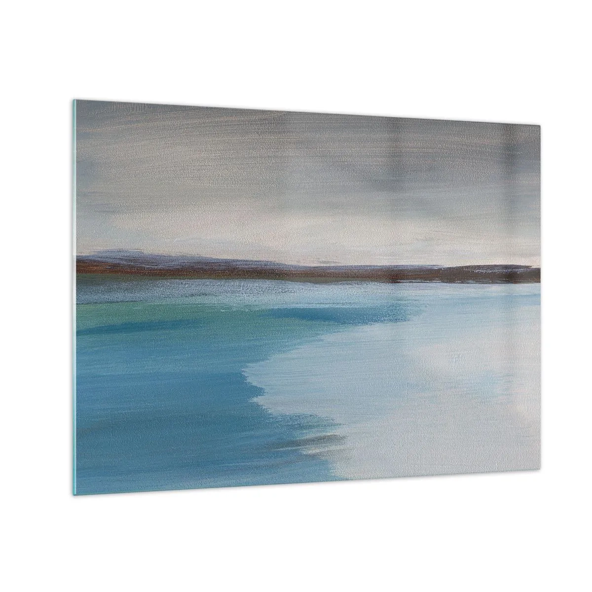 Billede på glas - Et roligt landskab med vand og fjerne bakker i pastelfarver. - 70x50cm - Horisontalt landskab - Moderne vægdekoration til stue og soveværelse ARTTOR