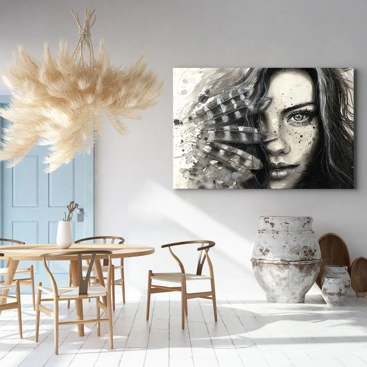Lærredstryk - Billede på lærred - Kunstnerisk portræt af en kvinde med abstrakte detaljer - 70x50cm - Vild skønhed - Moderne vægdekoration til stue og soveværelse ARTTOR