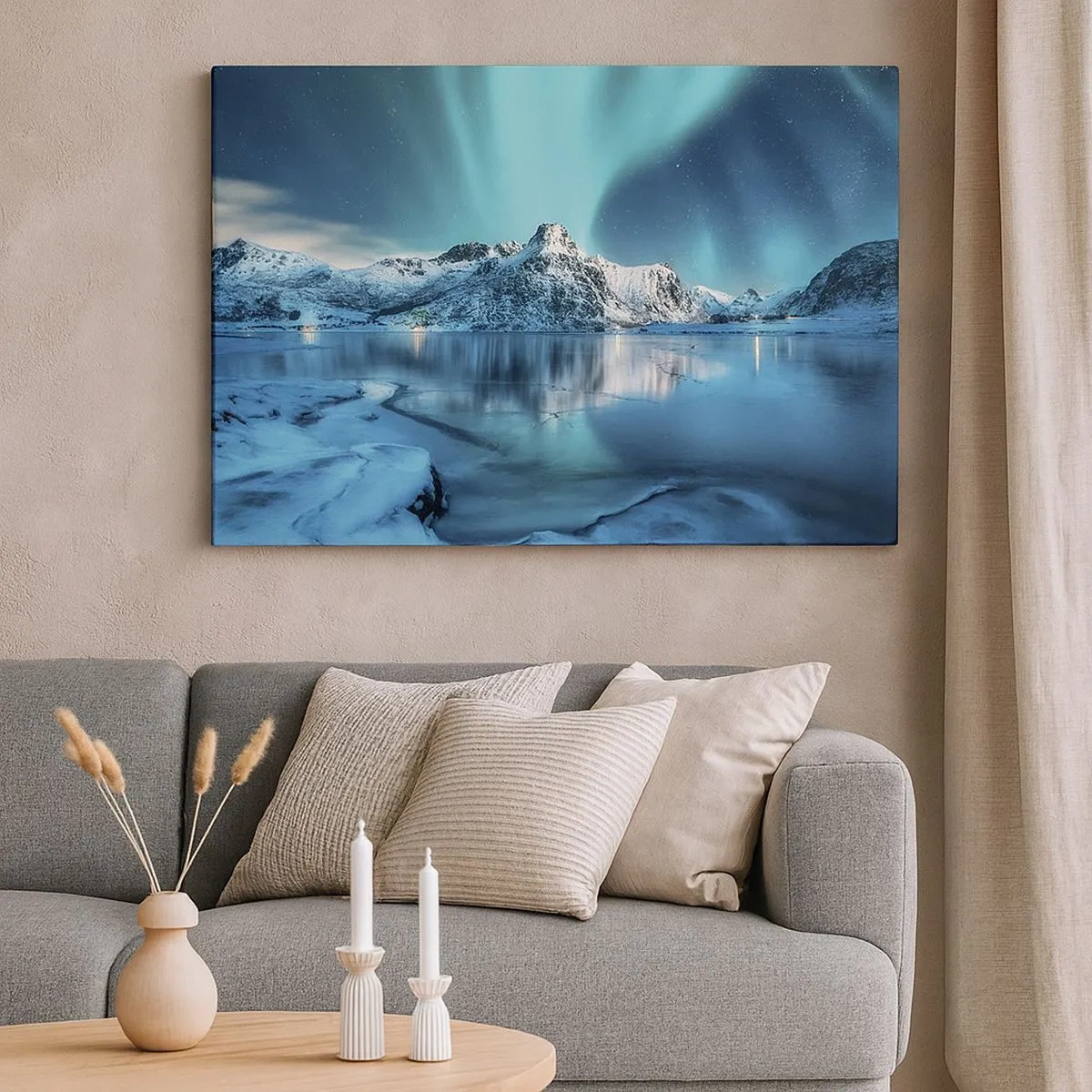 Lærredstryk - Billede på lærred - Aurora Borealis over snedækkede bjerge og en sø - 70x50cm - Nat med lys - Moderne vægdekoration til stue og soveværelse ARTTOR