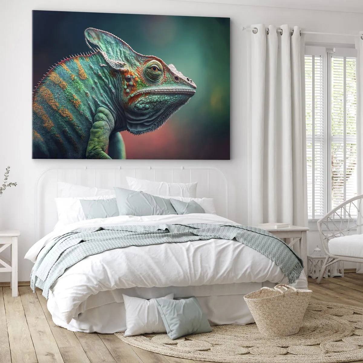 Lærredstryk - Billede på lærred - Nærbillede af en kamæleon i intense farver - 70x50cm - Kan du se mig? Ikke godt... - Moderne vægdekoration til stue og soveværelse ARTTOR