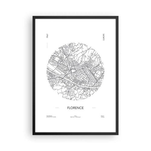 Plakat i sort ramme - Et minimalistisk kort over Firenze i sort-hvid. - 50x70cm - Anatomi af Firenze - Moderne vægdekoration til stue og soveværelse ARTTOR