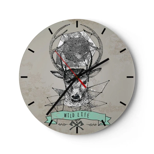 Vægur, Uret - Geometrisk hjort med indskriften Wild Life på en grå baggrund - 30x30cm - Synet af sankt Hubertus - Moderne vægdekoration til stue, køkken og soveværelse ARTTOR