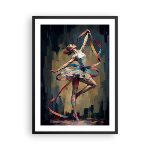 Plakat i sort ramme - En danser i en dynamisk positur med farverige bånd. - 50x70cm - Dans med et bånd - Moderne vægdekoration til stue og soveværelse ARTTOR