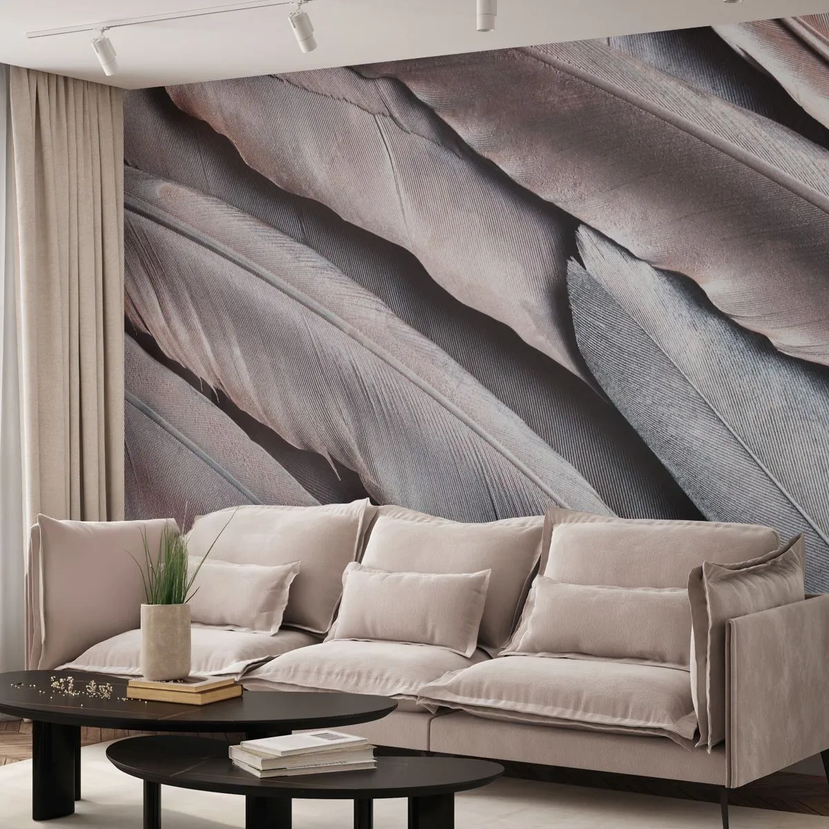 Fototapet Premium Sand - I lyserødt sølv - Fuglens fjer, Grafik, Boho - 350x256 cm