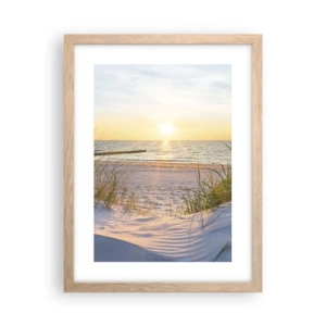 Plakat i ramme af lyst egetræ - Havet brummer, fuglene synger, en vild strand midt i græsset.... - 30x40 cm
