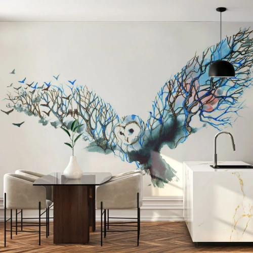 Fototapet Standard Eco - En ugle med spredte vinger lavet af grene - 100x70cm - På skovens vinger - Moderne vægdekoration til stue og soveværelse ARTTOR