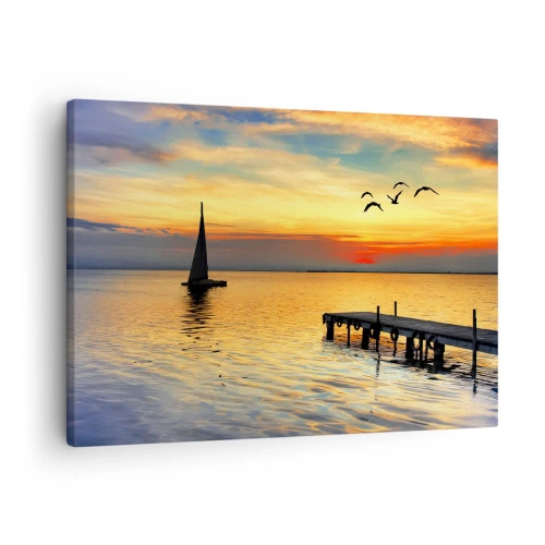 Lærredstryk - Billede på lærred - Solnedgang med en sejlbåd og mole på en rolig sø - 70x50cm - Returnering om aftenen - Moderne vægdekoration til stue og soveværelse ARTTOR