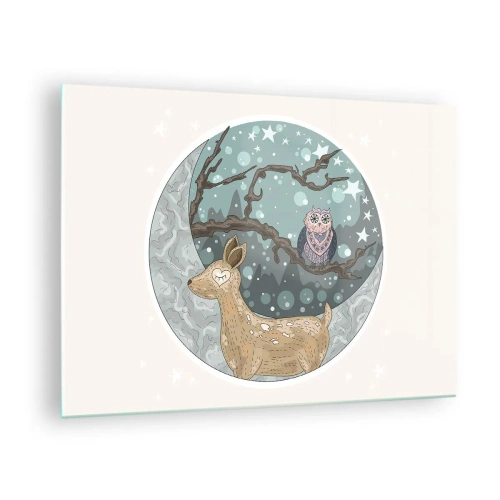 Billede på glas - Illustration af en hjort og en ugle i magiske omgivelser - 70x50cm - En eventyrlig skovnat - Moderne vægdekoration til stue og soveværelse ARTTOR