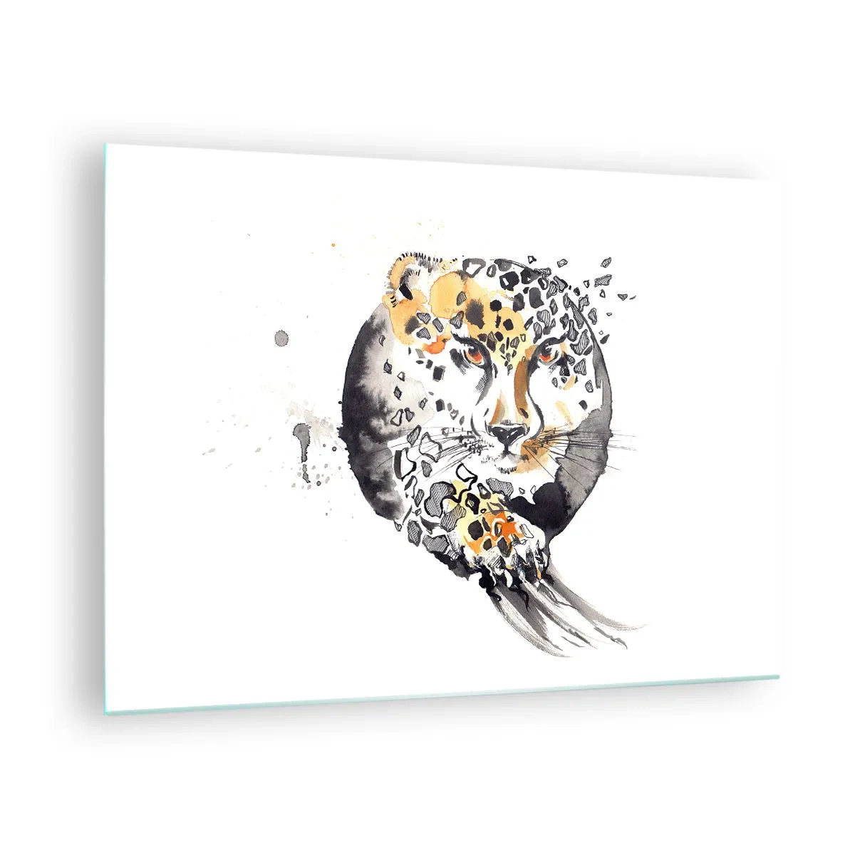 Billede på glas - Leopard i en dynamisk, abstrakt komposition - 70x50cm - Rovdyrisk skønhed - Moderne vægdekoration til stue og soveværelse ARTTOR