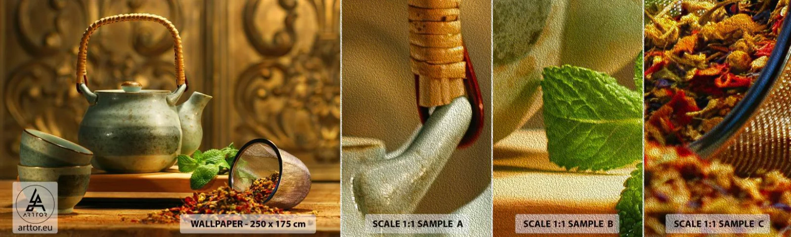 Prøve Fototapet Premium Sand - En afhandling om at drikke te - Gastronomi, Te, Tørrede urter - 100x30 cm