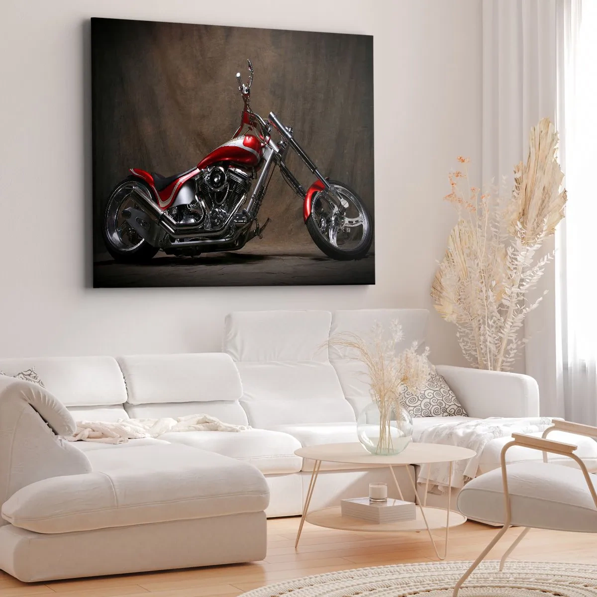 Lærredstryk - Billede på lærred - Rød specialmotorcykel mod en brun stofbaggrund - 70x50cm - Rød og sølvfarvet skønhed - Moderne vægdekoration til stue og soveværelse ARTTOR