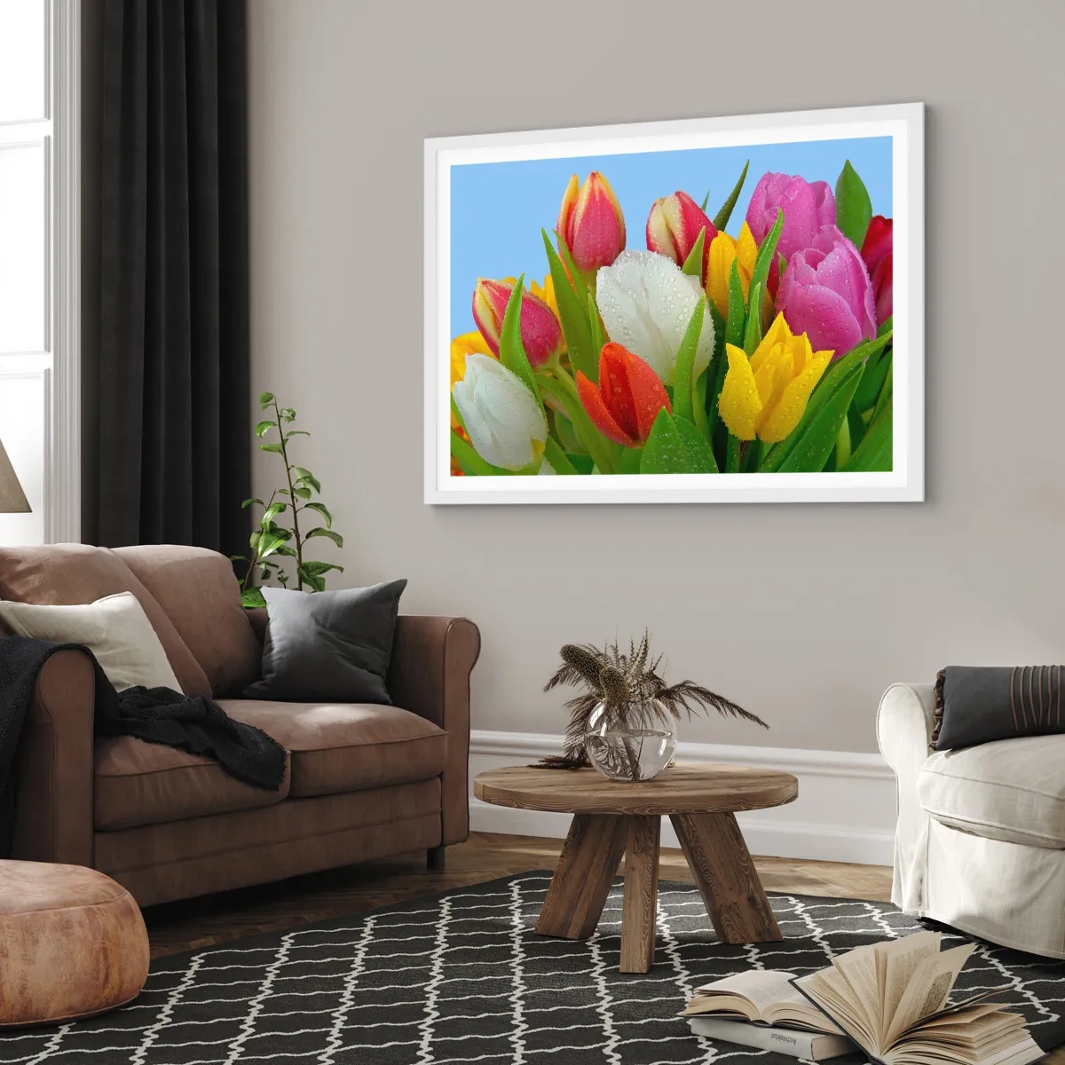 Plakat i hvid ramme - En blomstret regnbue i dugdråber - 100x70 cm
