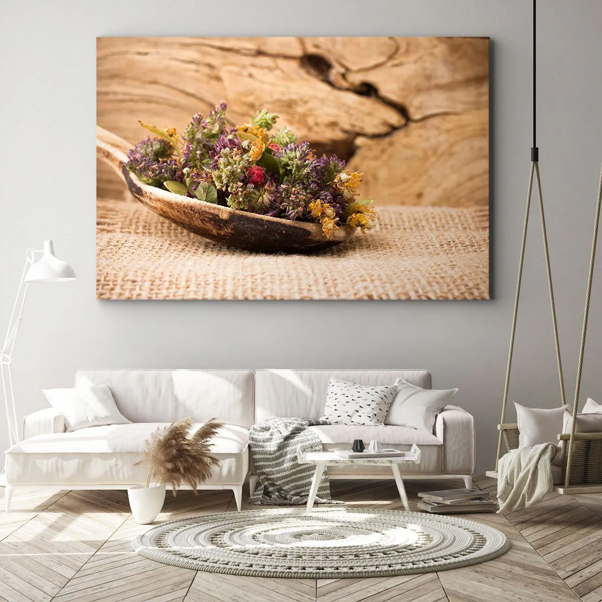 Lærredstryk - Billede på lærred - Tørrede urter i en træske på en naturlig træbaggrund - 70x50cm - Farverige blomster og velduftende urter - Moderne vægdekoration til stue og soveværelse ARTTOR