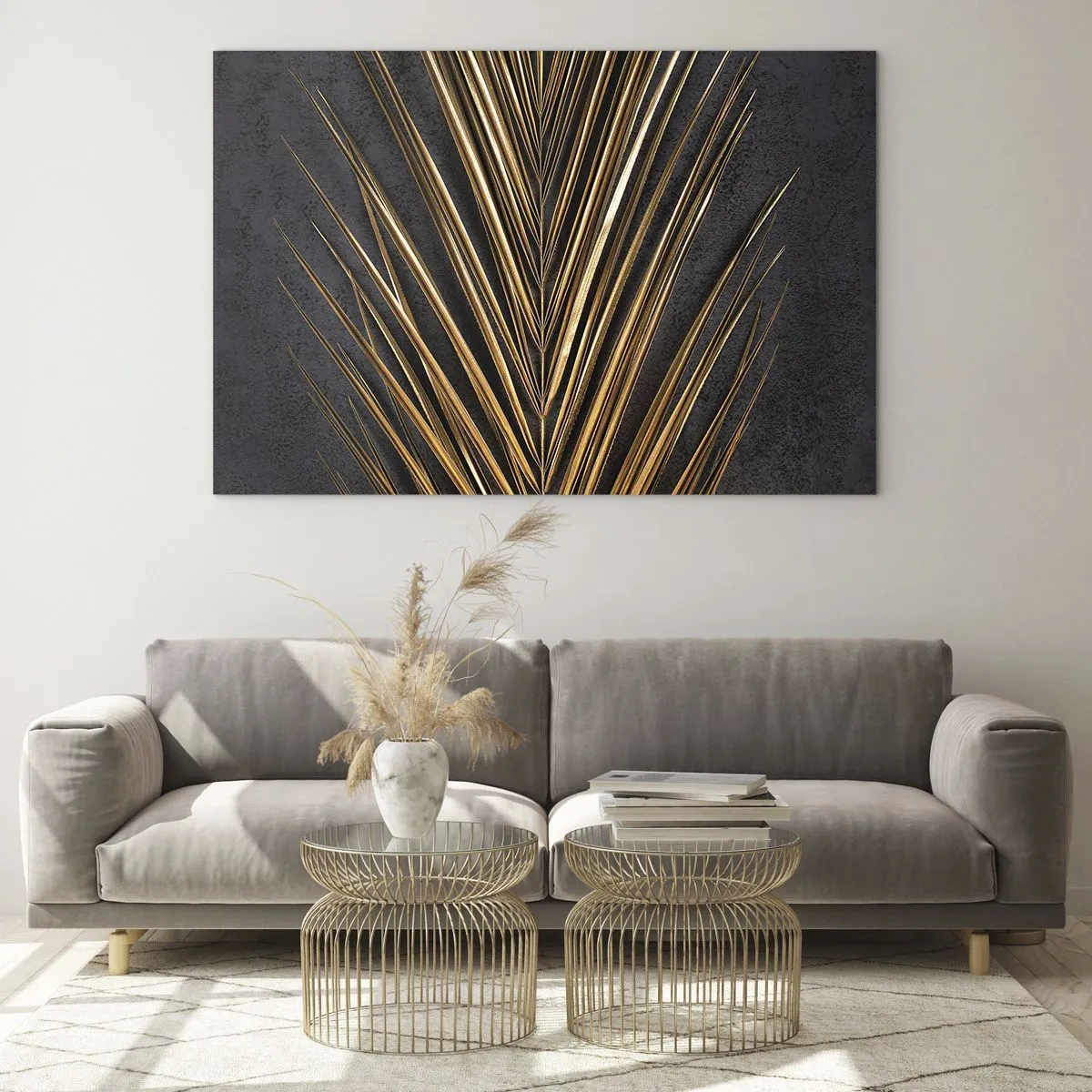 Billede på glas - Gyldent palmeblad på en mørk baggrund - 70x50cm - Tropernes guld - Moderne vægdekoration til stue og soveværelse ARTTOR