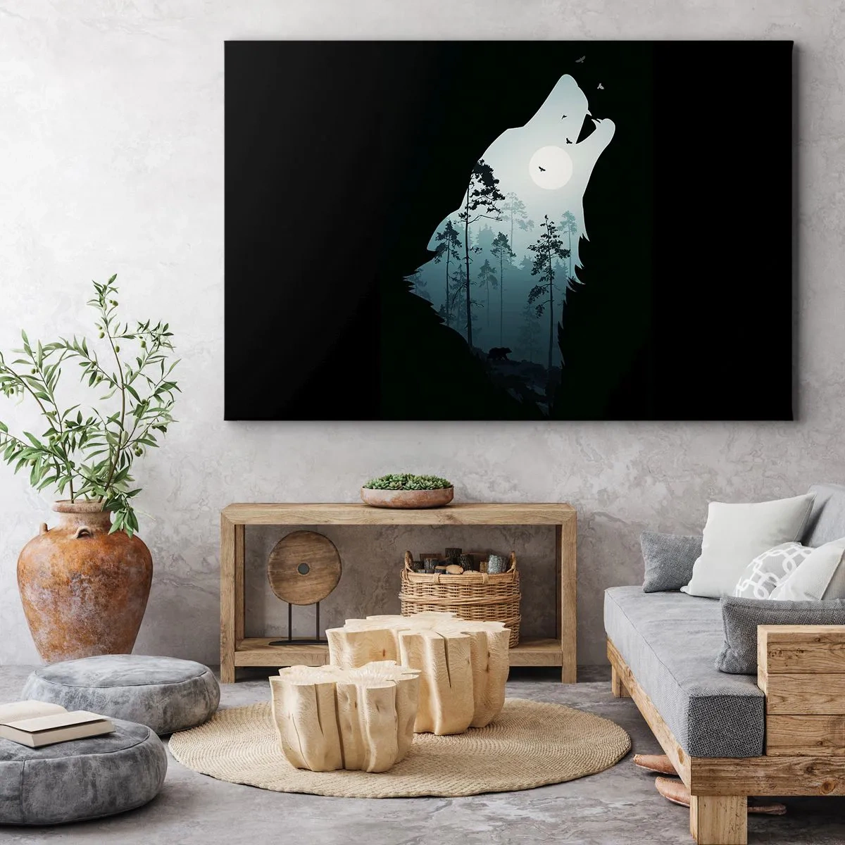 Lærredstryk - Billede på lærred - Silhuet af en ulv med en skov og måne i baggrunden - 70x50cm - Skovnattens stemme - Moderne vægdekoration til stue og soveværelse ARTTOR
