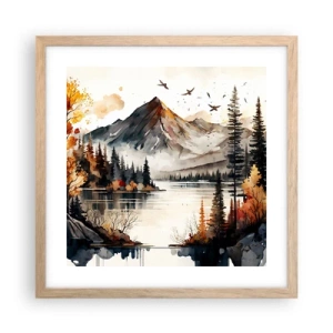 Plakat i ramme af lyst egetræ - Gyldent efterår i bjergene - 40x40 cm