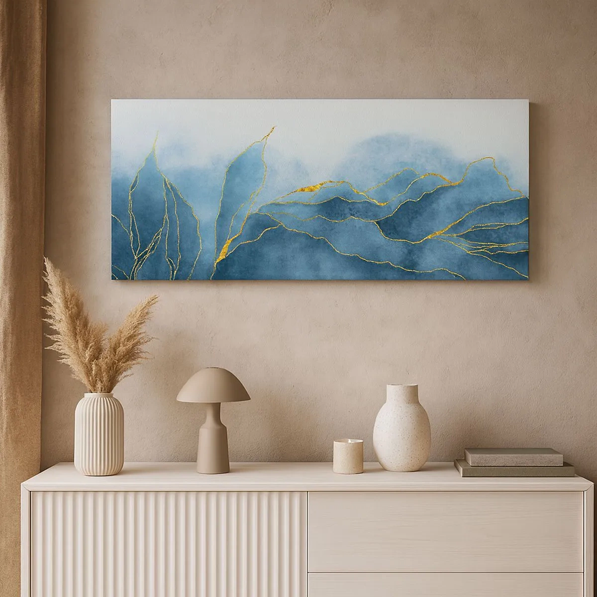 Lærredstryk - Billede på lærred - Blå i guld - 100x40 cm