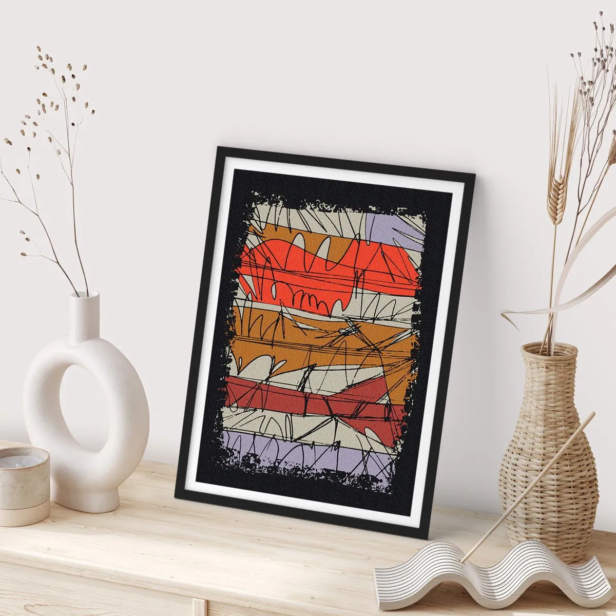 Plakat i sort ramme - En abstrakt komposition med dynamiske linjer og farver. - 50x70cm - Spontan komposition - Moderne vægdekoration til stue og soveværelse ARTTOR