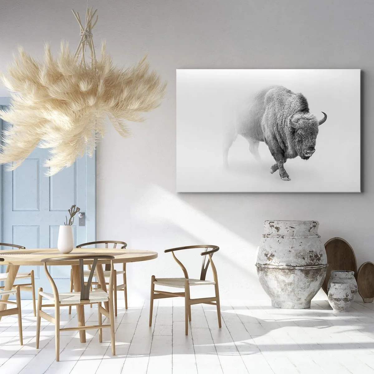 Lærredstryk - Billede på lærred - Hvid bison i minimalistiske omgivelser - 70x50cm - Kongen af prærien - Moderne vægdekoration til stue og soveværelse ARTTOR