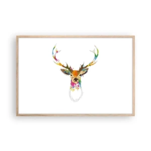 Plakat i ramme af lyst egetræ - Blid kronhjort badet i farver - 91x61 cm