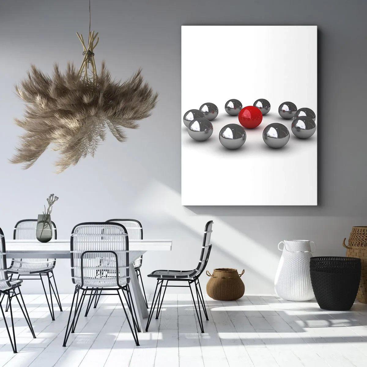 Lærredstryk - Billede på lærred - Cirkel i sølv og rød - 45x80 cm
