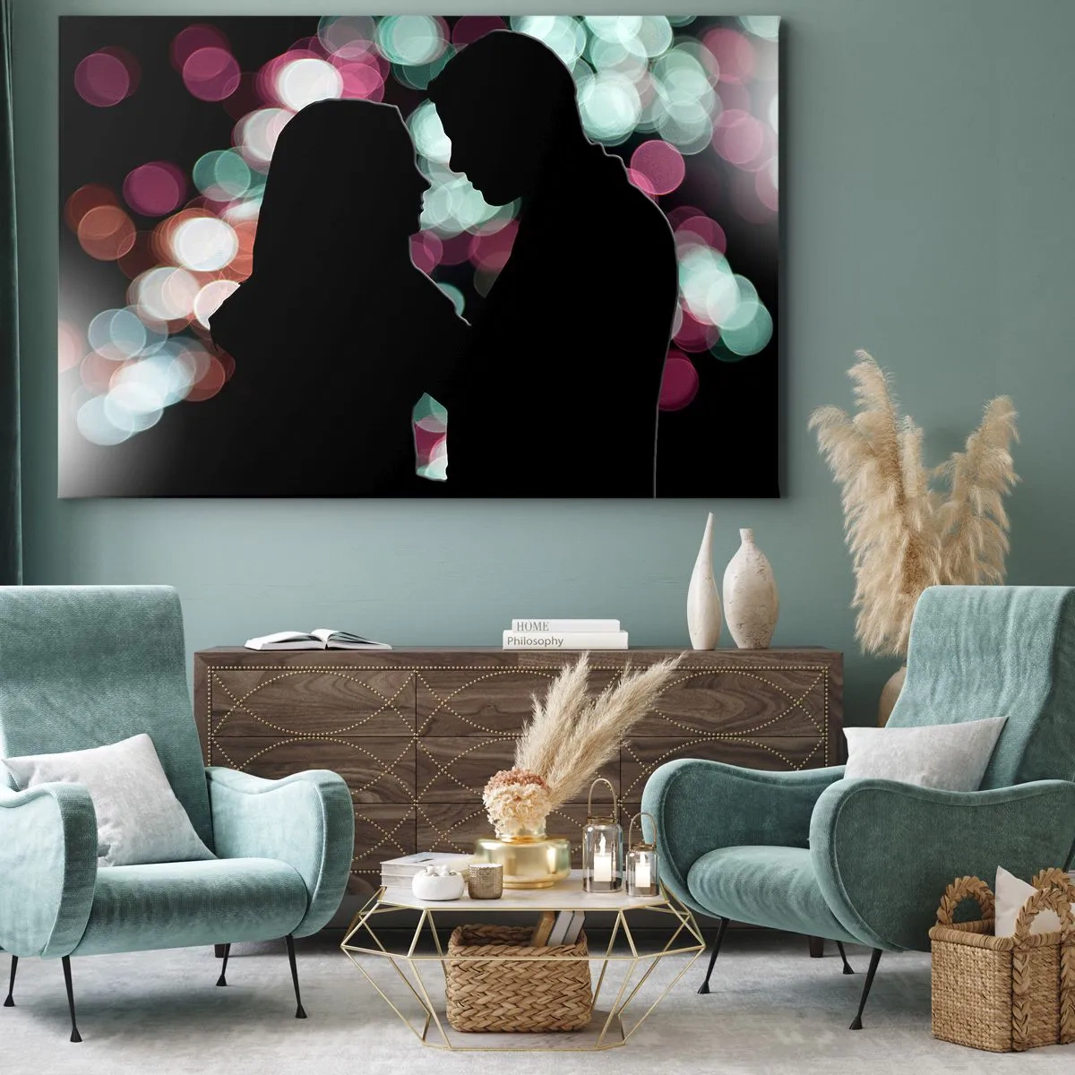 Lærredstryk - Billede på lærred - Silhuetter af et par mod en baggrund af farverige bokeh-lys - 70x50cm - Ja! - Moderne vægdekoration til stue og soveværelse ARTTOR