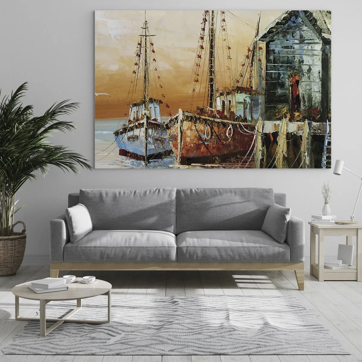 Billede på glas - Farverige både ved marinaen - 70x50cm - Fredelig tilbagevenden - Moderne vægdekoration til stue og soveværelse ARTTOR