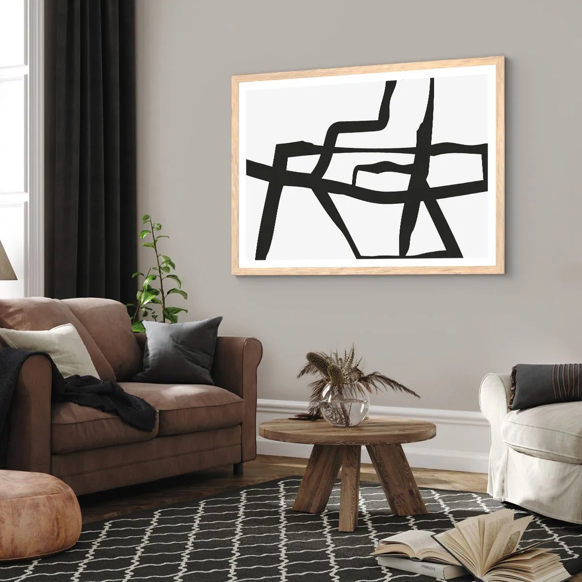 Plakat i ramme af lyst egetræ - Sort og hvid konstruktion - 40x30 cm