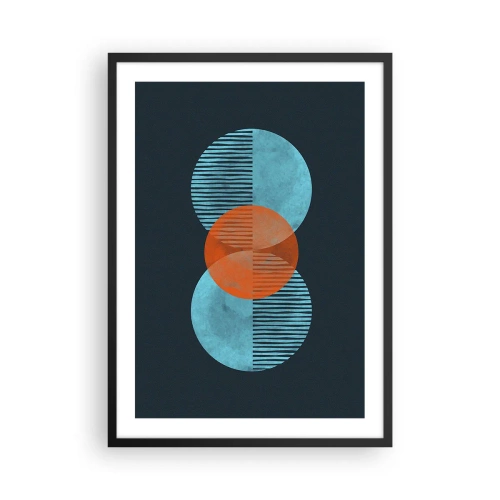 Plakat i sort ramme - Symmetriske cirkler i nuancer af blå og orange med linjer - 50x70cm - Symmetrisk sammensætning - Moderne vægdekoration til stue og soveværelse ARTTOR