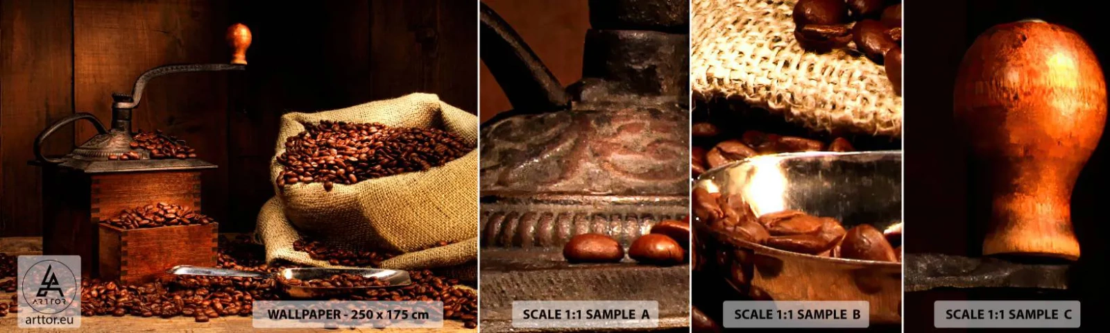 Fototapet Prøve Standard Eco - Stilleben med kaffebønner og kværn - Gastronomi, Kaffe, Kaffekværn - 100x30 cm