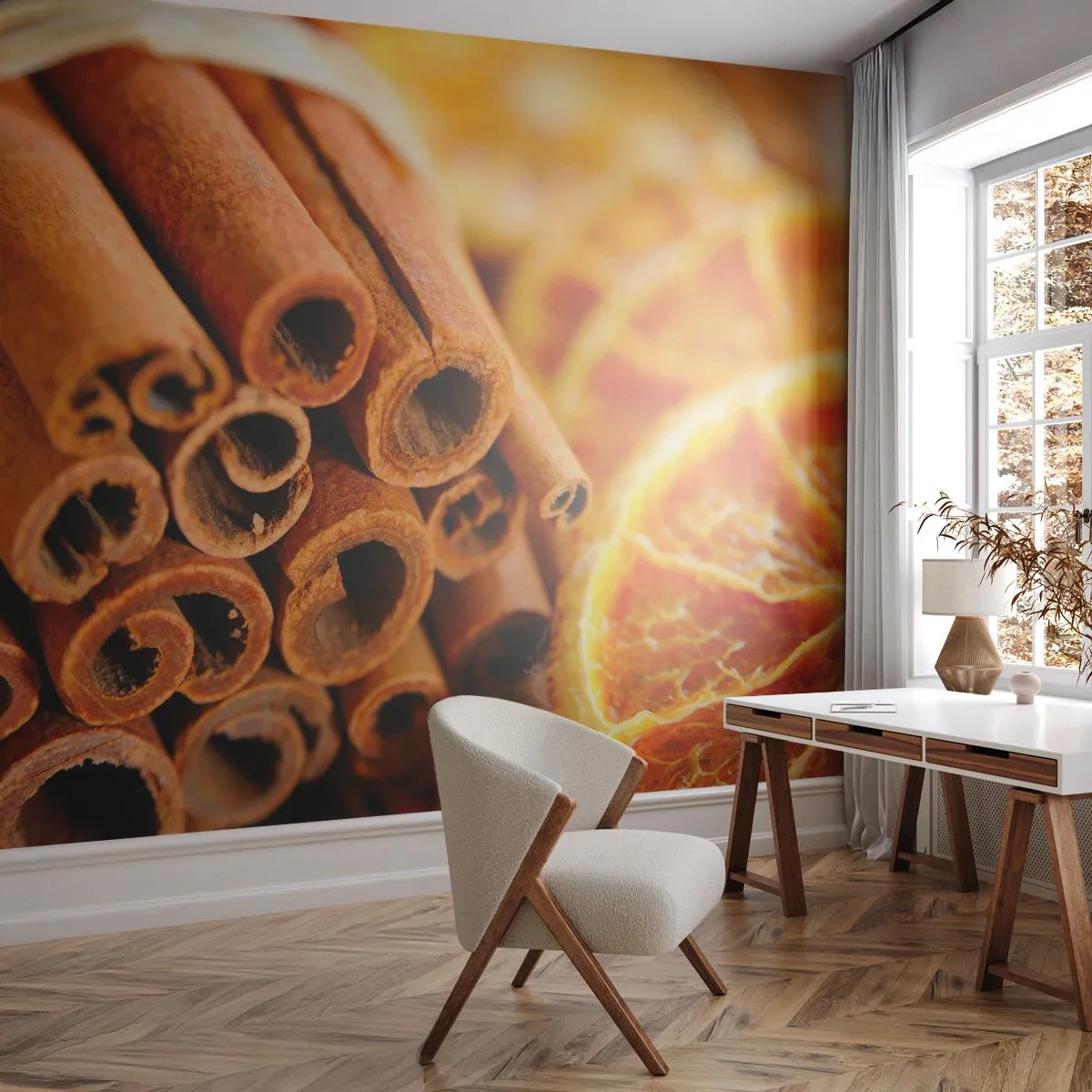 Fototapet Selvklæbende Deluxe Sticker - Kan du lugte deres duft? - orange, Kanelstang, Krydderier - 100x70 cm