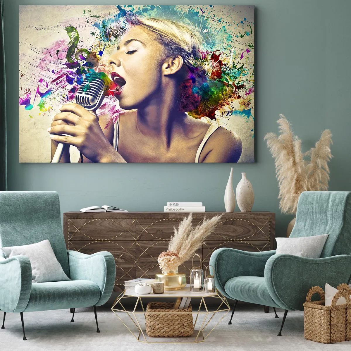 Lærredstryk - Billede på lærred - Kunstnerisk portræt af en kvinde, der synger med farverige effekter - 70x50cm - Mal verden med din stemme - Moderne vægdekoration til stue og soveværelse ARTTOR
