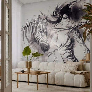 Fototapet Selvklæbende Deluxe Sticker - Danser med zebraer - Abstraktion, Kvinde, Ribben - 100x70 cm