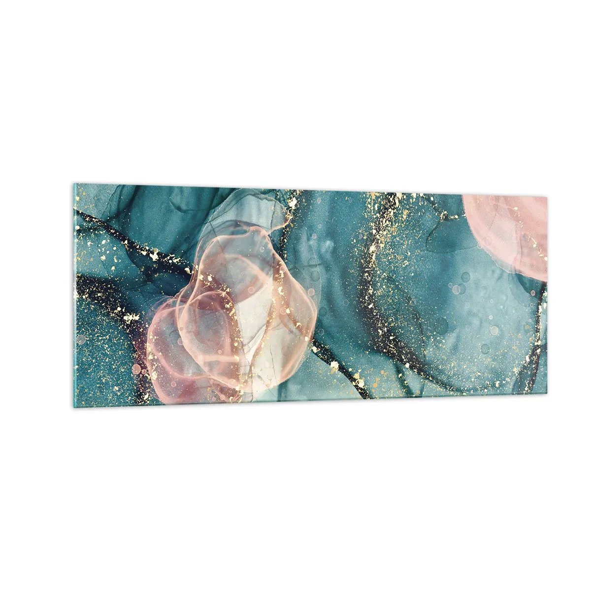 Billede på glas - Silkeblå, tyl lyserød - 100x40 cm