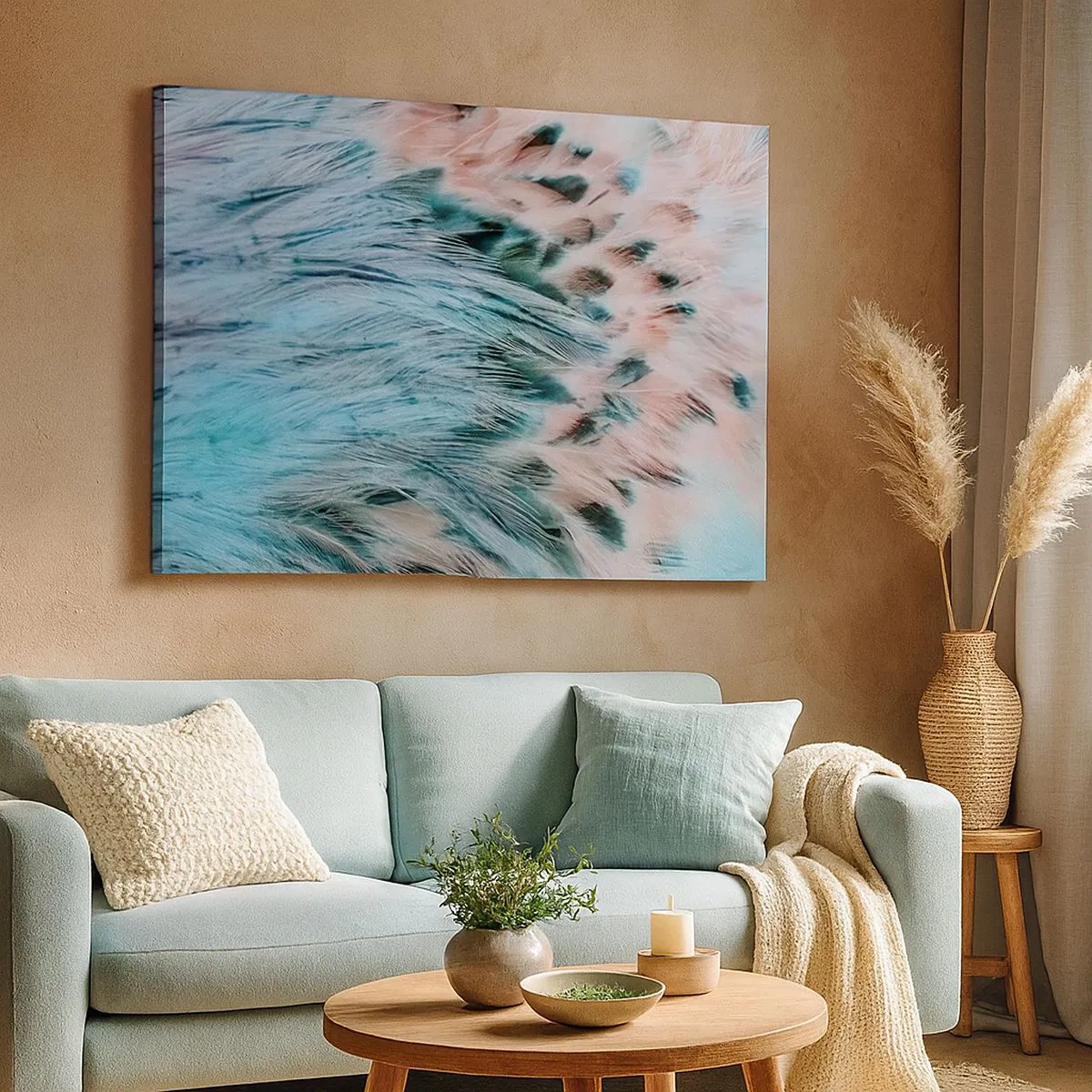 Lærredstryk - Billede på lærred - Nærbillede af fjer i pastelfarvede safirrosa farver - 70x50cm - Safir lyserød fnug - Moderne vægdekoration til stue og soveværelse ARTTOR