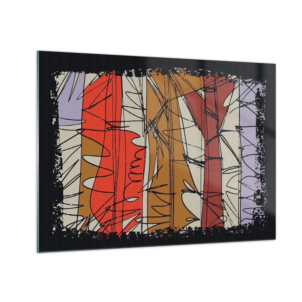 Billede på glas - Grafisk abstraktion med farvede striber og sorte linjer - 70x50cm - Spontan komposition - Moderne vægdekoration til stue og soveværelse ARTTOR