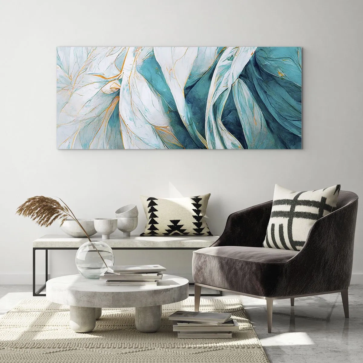 Billede på glas - Blå abstraktion med et guldmotiv - 160x50 cm