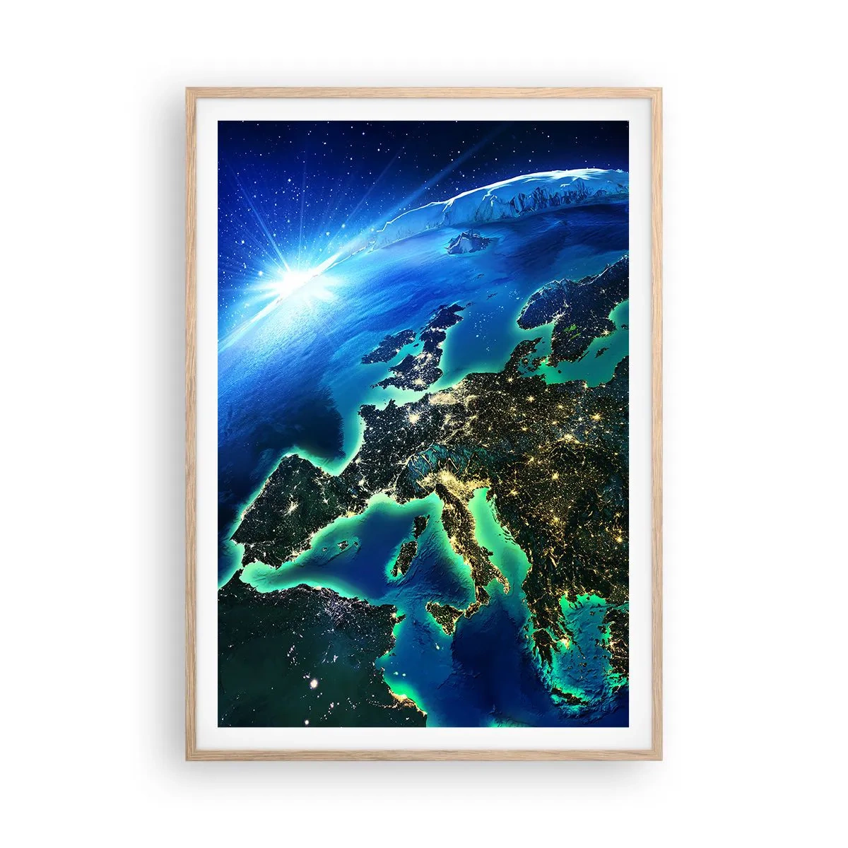 Plakat i ramme af lyst egetræ - Et funklende Europa - 70x100 cm