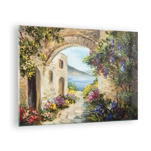 Billede på glas - En malerisk gade med udsigt over søen - 70x50cm - Charmen af kystlandskabet - Moderne vægdekoration til stue og soveværelse ARTTOR