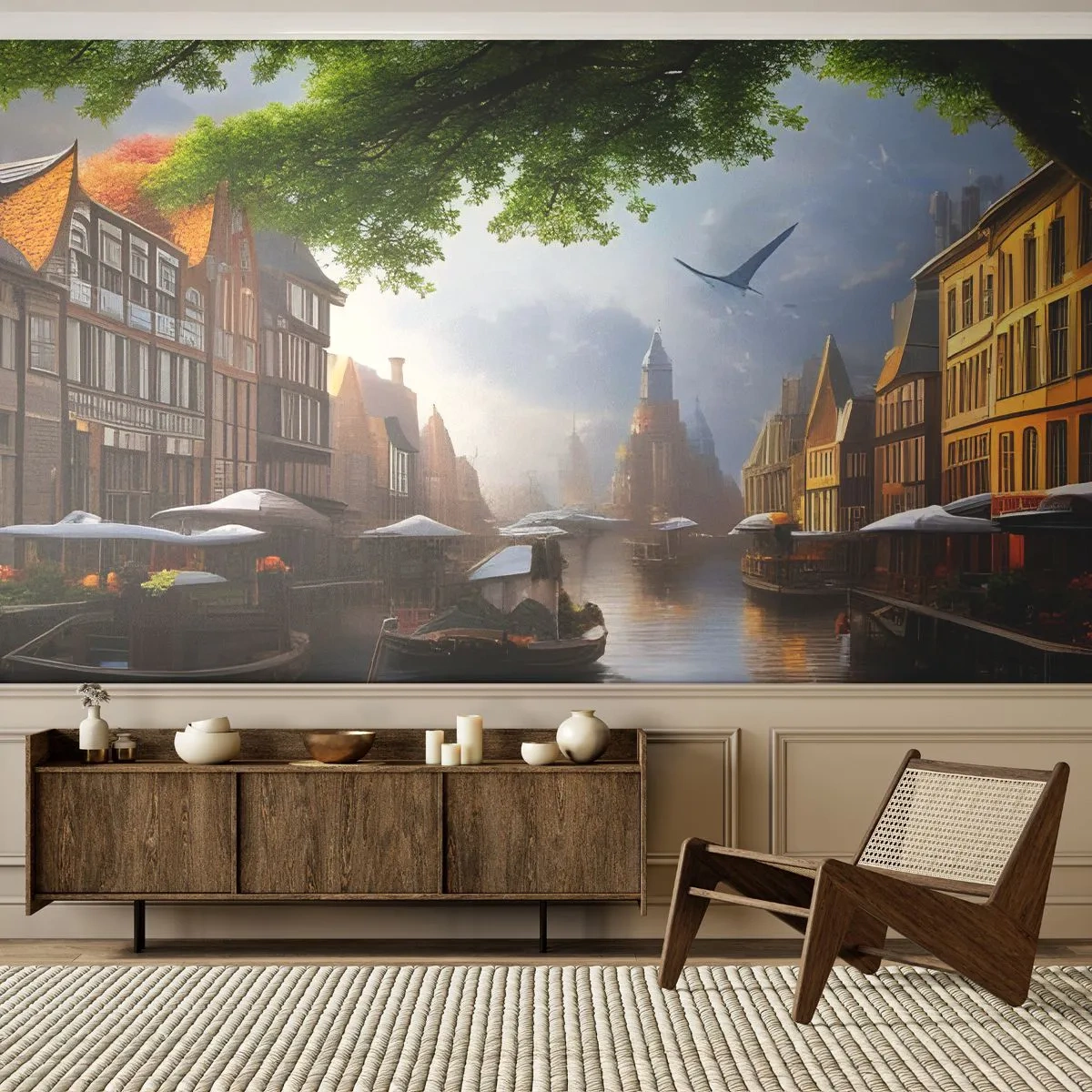 Fototapet Standard Eco - Hollandsk bybillede - Gammel by, Både, Kanal - 350x256 cm