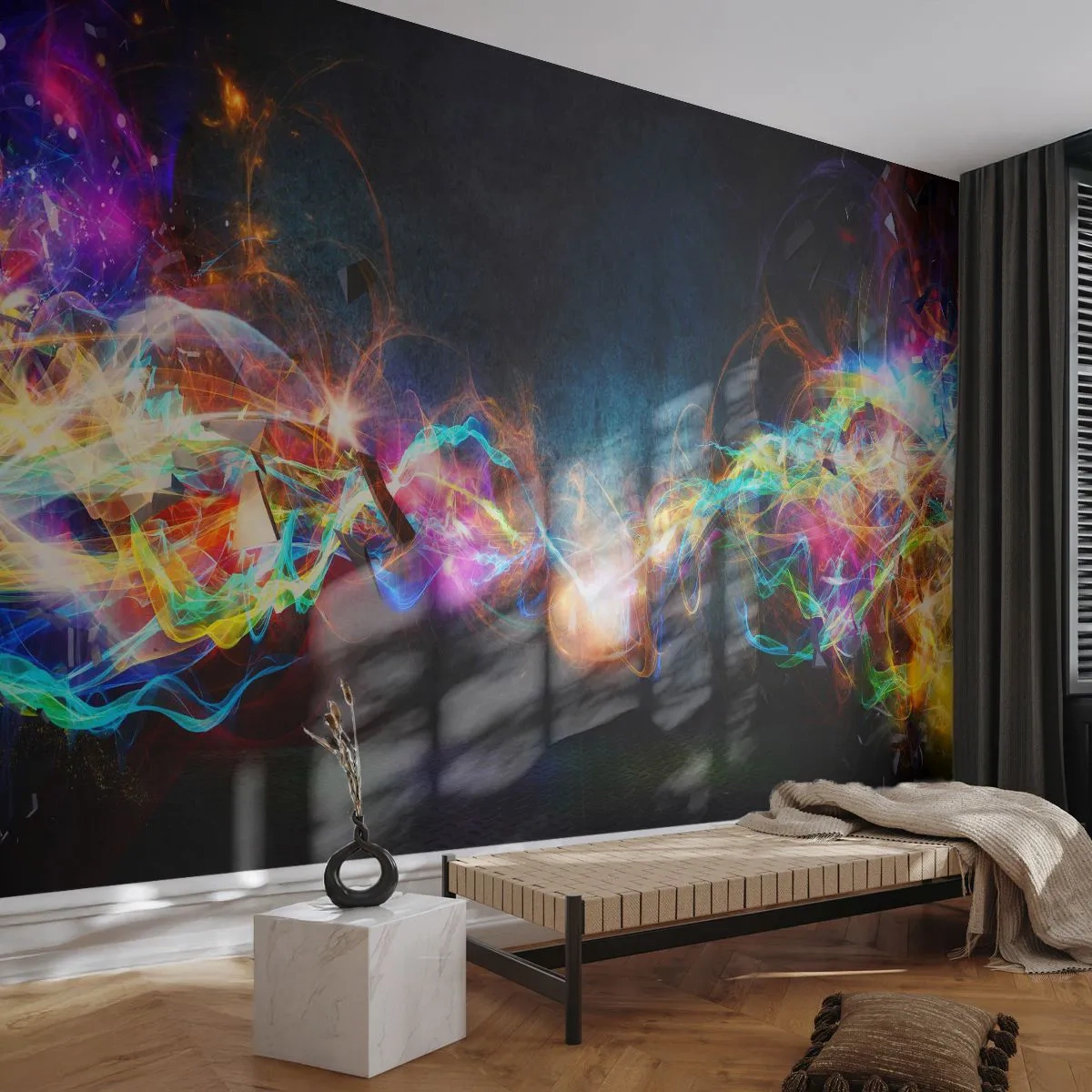 Fototapet Selvklæbende Deluxe Sticker - Glædeligt imod mørket - Abstraktion, Stykke, Eksplosion - 150x105 cm