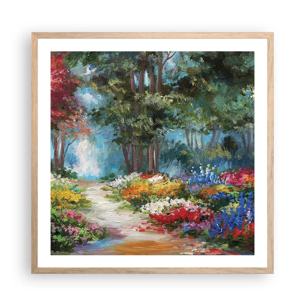 Plakat i ramme af lyst egetræ - Skovhave, blomsterskov - 60x60 cm