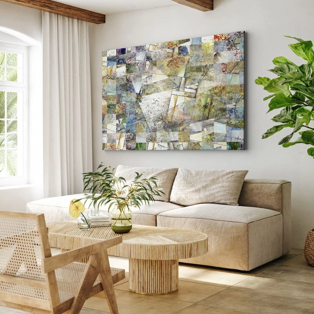 Lærredstryk - Billede på lærred - Farverig abstraktion med geometriske former og linjer - 70x50cm - Geometrisk ommøblering - Moderne vægdekoration til stue og soveværelse ARTTOR