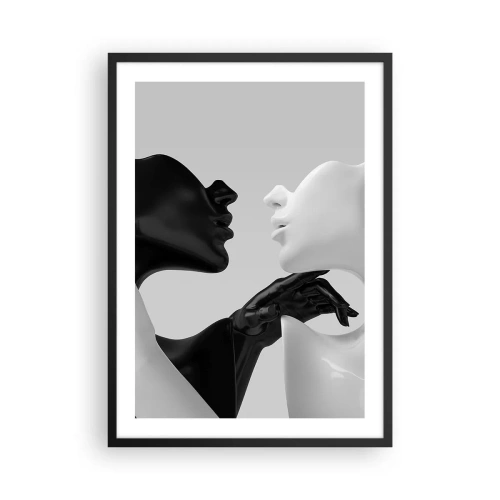 Plakat i sort ramme - En sort-hvid komposition af to ansigter i tæt kontakt. - 50x70cm - Tiltrækning - begær - Moderne vægdekoration til stue og soveværelse ARTTOR