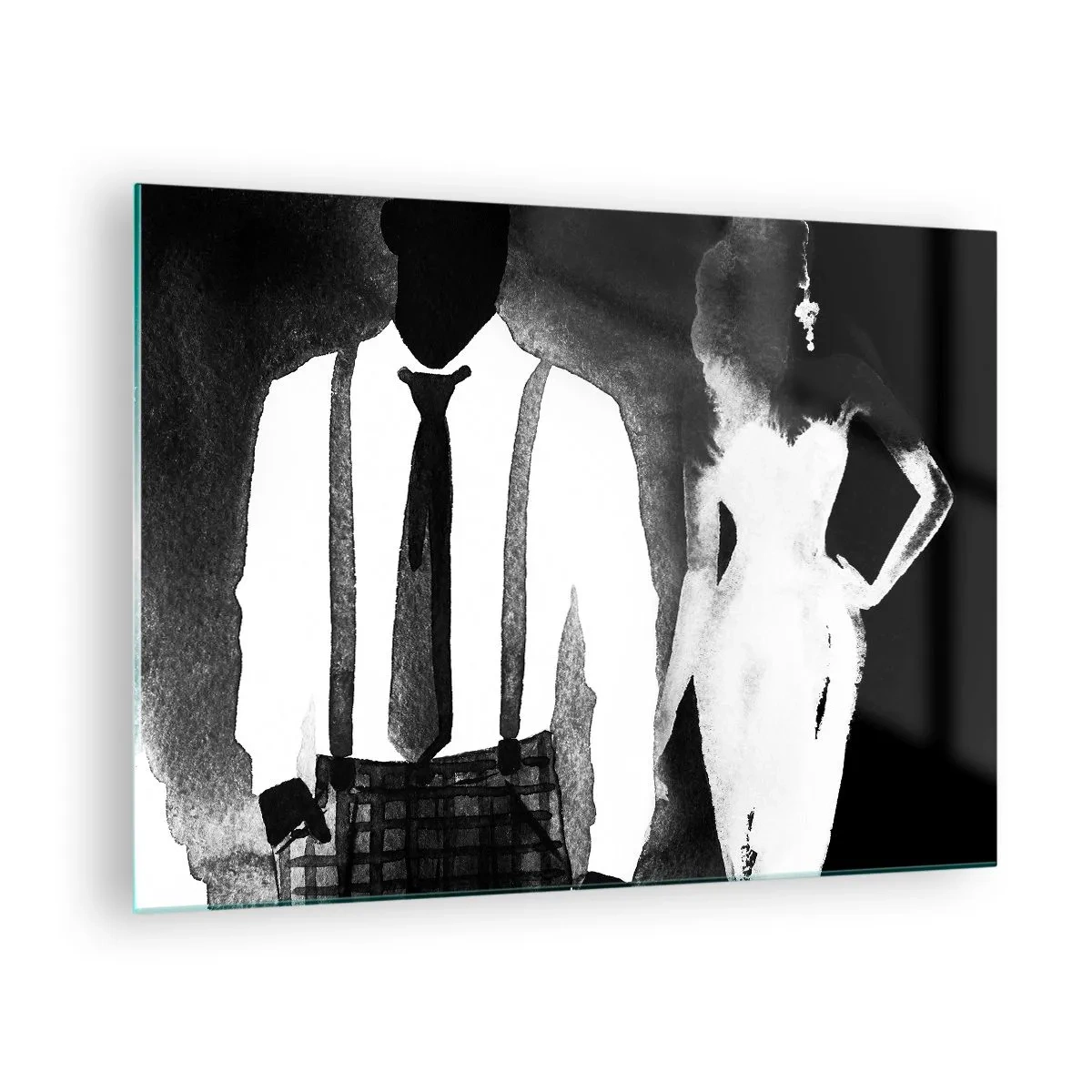 Billede på glas - Sort og hvid silhuet af et elegant noir-par - 70x50cm - I en noir-atmosfære - Moderne vægdekoration til stue og soveværelse ARTTOR